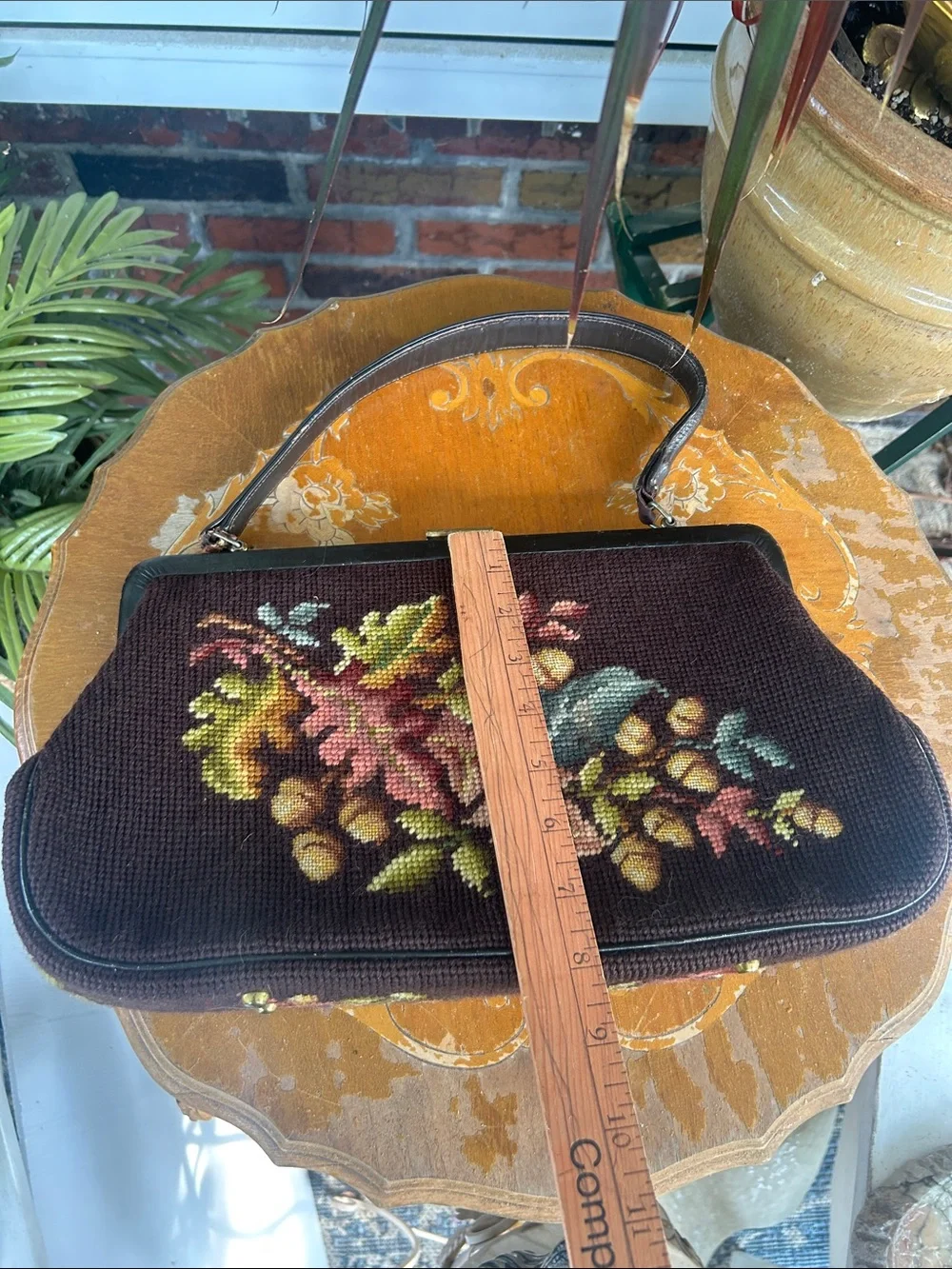 Vintage Brown Floral Leaf & Acorn Needlepoint Handbag